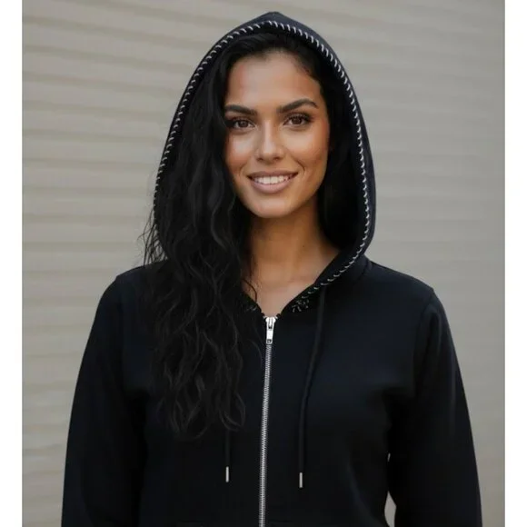 Vtg 90s Black Embroidered Sequin Beaded Zip Up Hoodie | Y2K Skater Grunge Retro - Picture 5 of 16